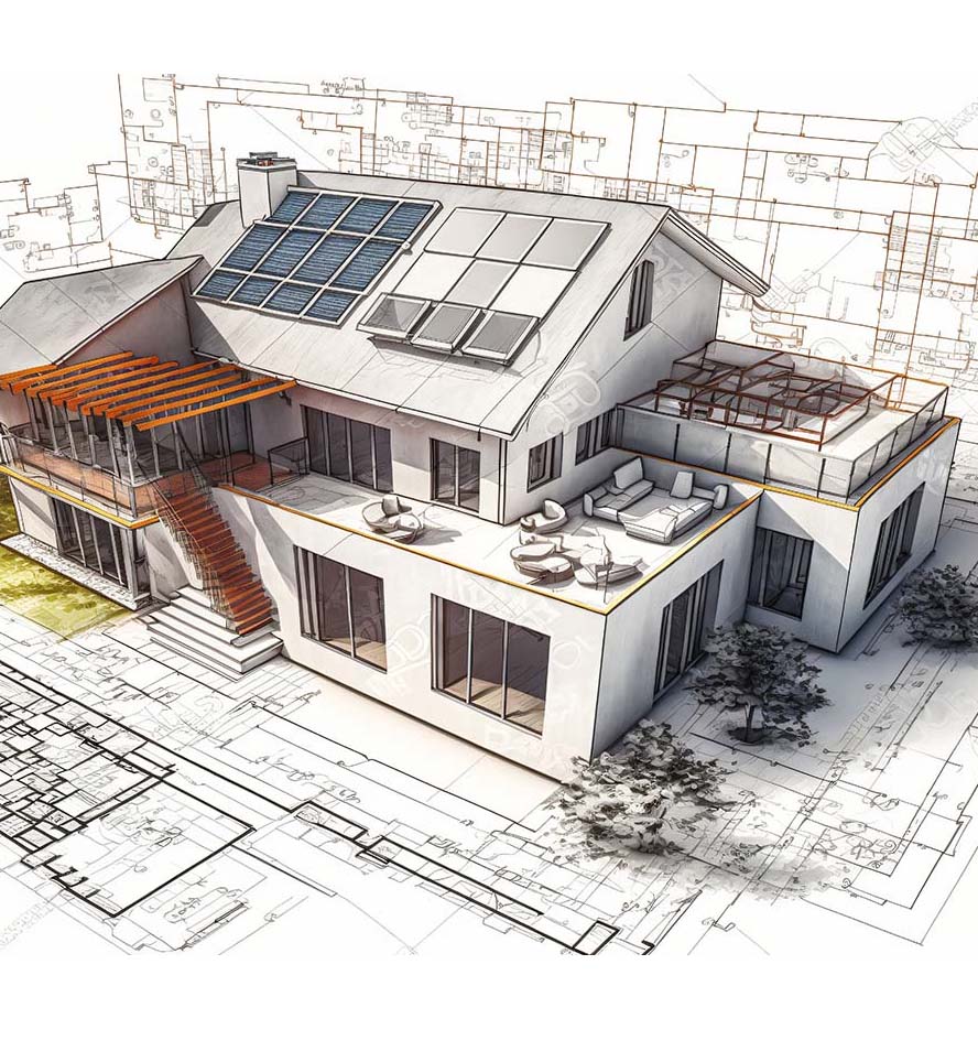 A rendering of a solar-powered home as an illustration of an Electrical Design Consultation