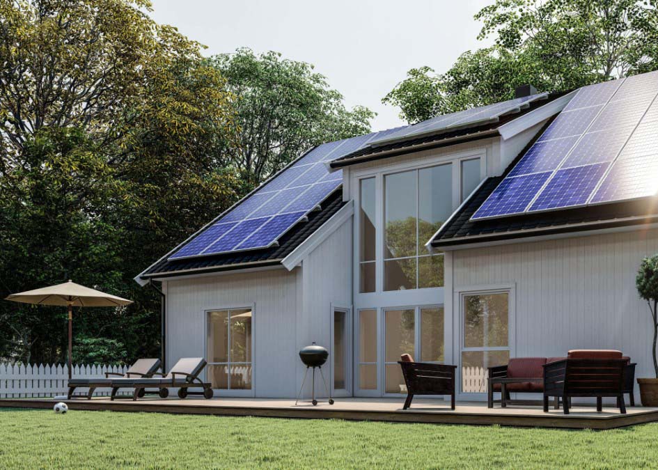 An example of a house with rooftop solar panels, demonstrating the importance of energy storage systems as part of an energy efficient home.