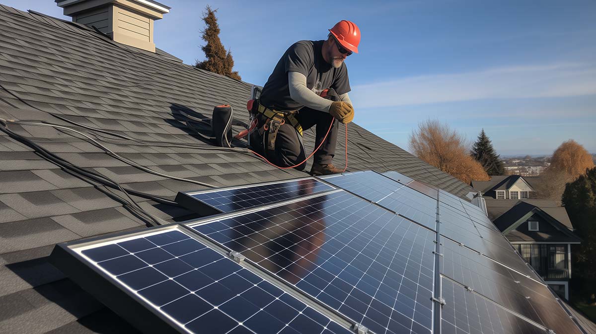 a solar technician on a solar panel installation