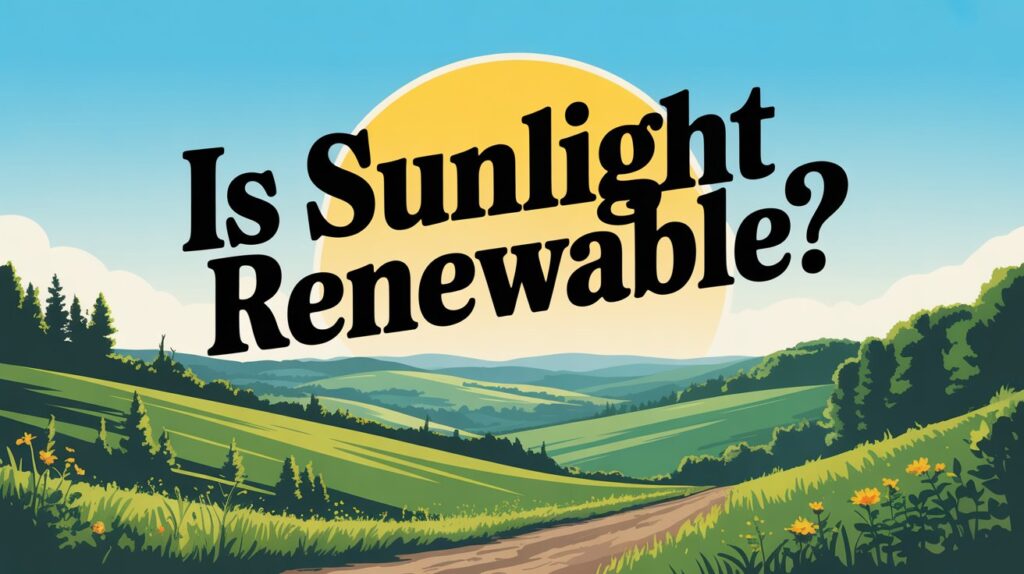Illustration of sun rising over green hills with text 'Is Sunlight Renewable?' in bold letters