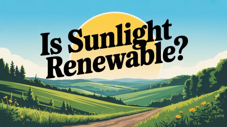 Illustration of sun rising over green hills with text 'Is Sunlight Renewable?' in bold letters