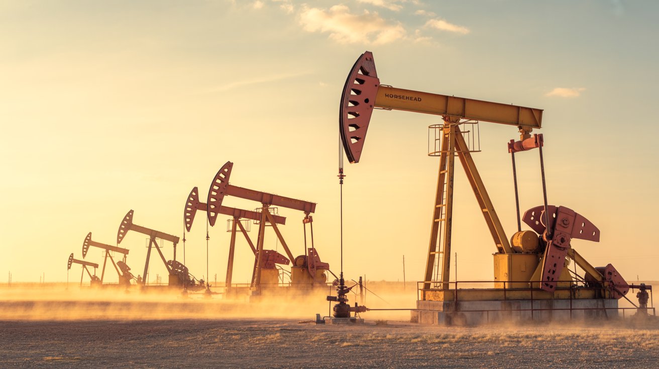 Row of oil pumpjacks in a dusty field at sunset representing nonrenewable energy sources