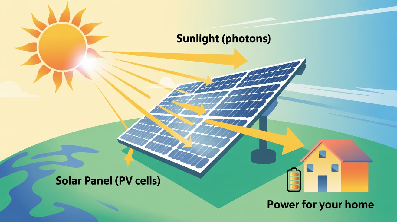 Illustration showing how sunlight powers a home: labeled sun beams (photons) hit a solar panel (PV cells), which converts the energy into electricity for a nearby house and battery.