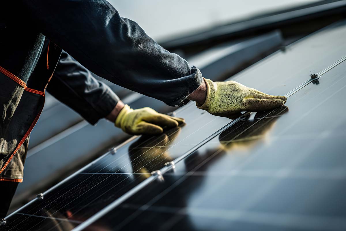 echnician installing solar panels on a roof, part of how solar panel installation works in practice.