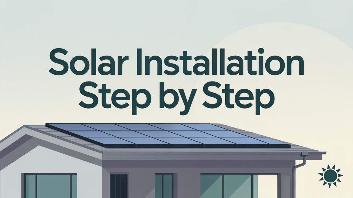 Illustrated house with solar panels and text overlay reading “Solar Installation Step by Step.”