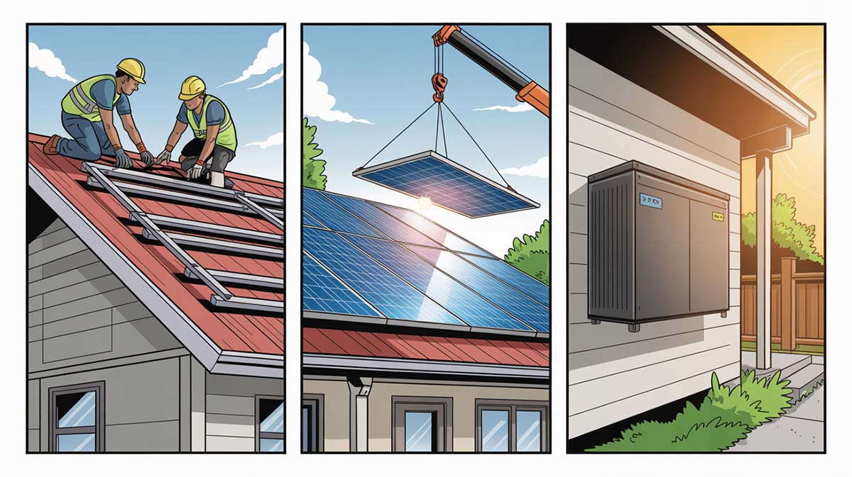 Comic-style illustration showing how solar panel installation works: racks mounted, panels attached, and battery installed.