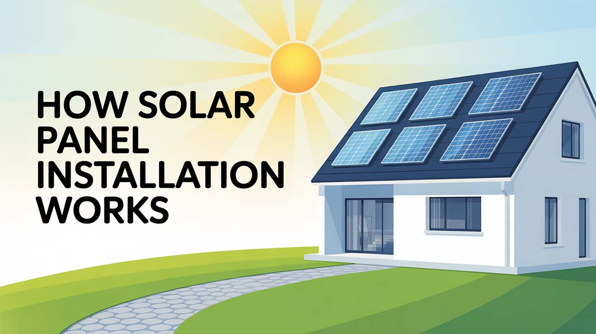 Illustration of a home with solar panels under the sun, text overlay reading “How Solar Panel Installation Works.”