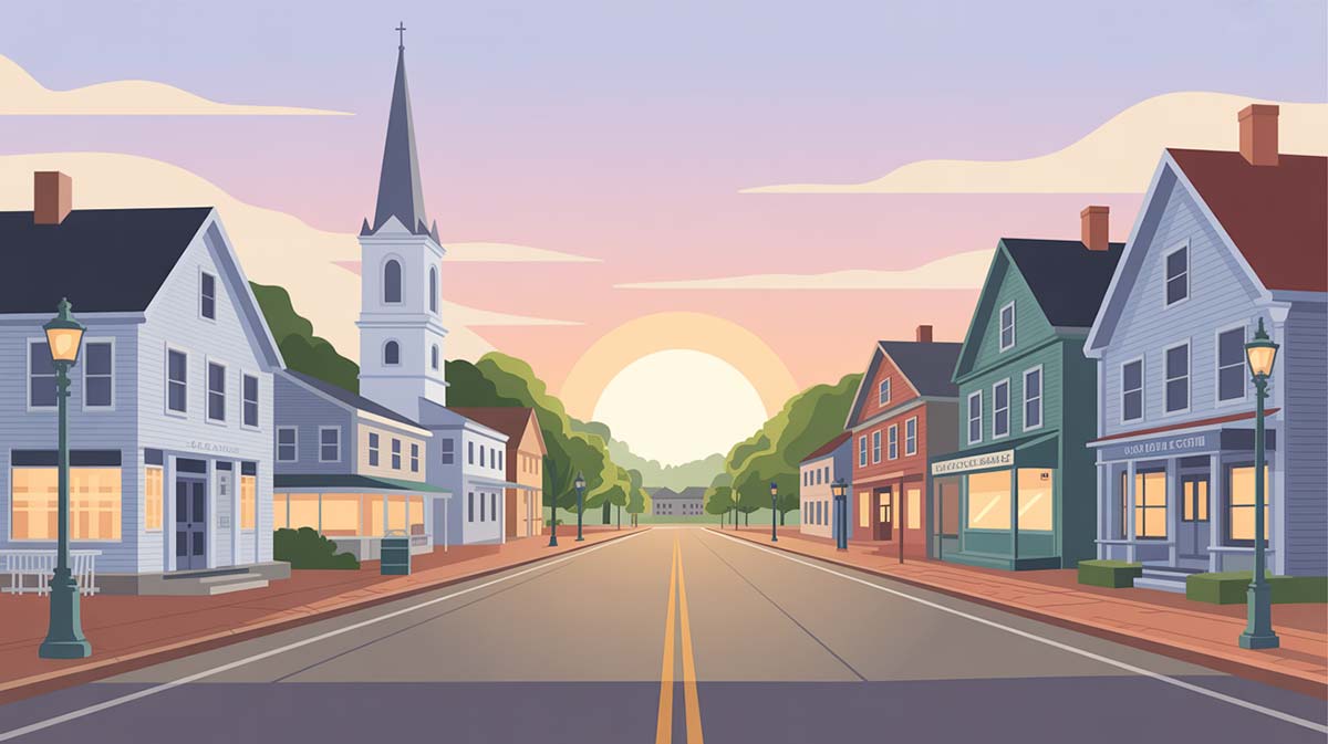 Illustrated New England main street at sunrise representing community power and Municipal Light Plants in Massachusetts