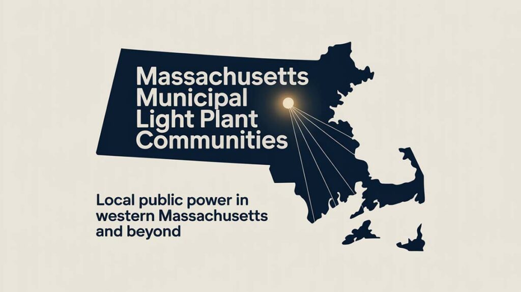 Map of Massachusetts highlighting Municipal Light Plants in Massachusetts with text about local public power