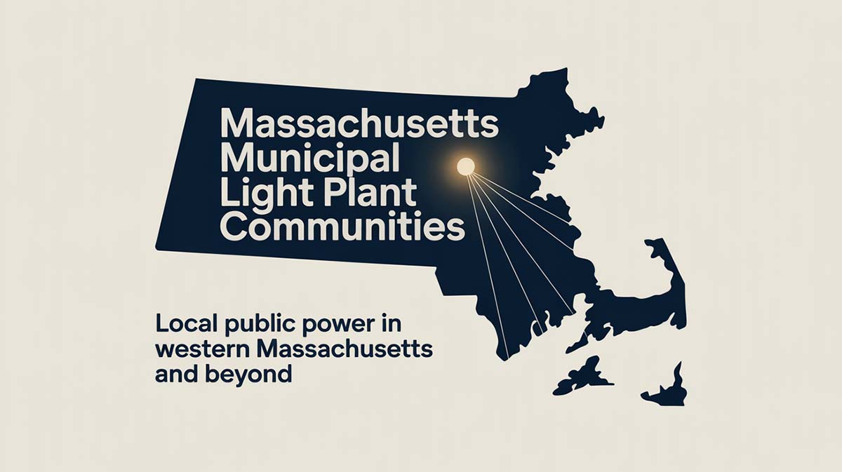 Map of Massachusetts highlighting Municipal Light Plants in Massachusetts with text about local public power