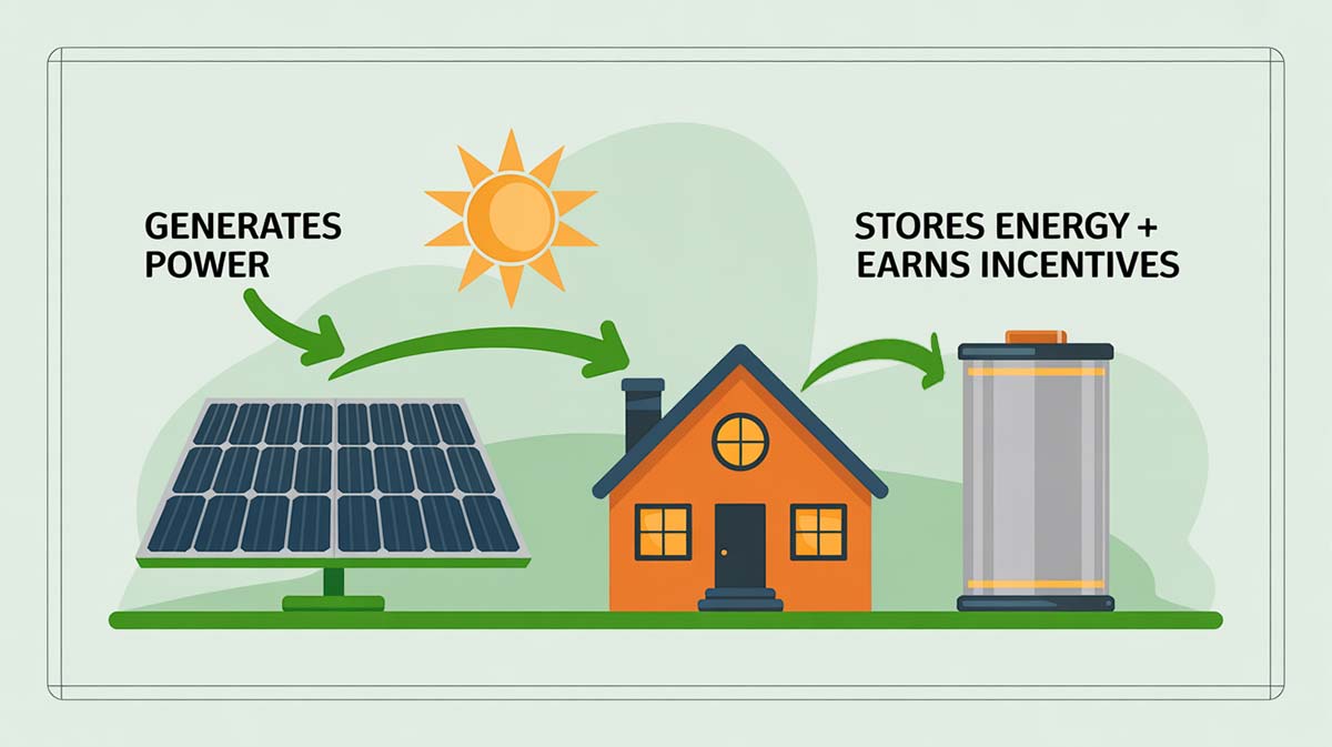 Simple graphic of solar panels powering a home and battery storage, reinforcing savings after the federal tax credit ends