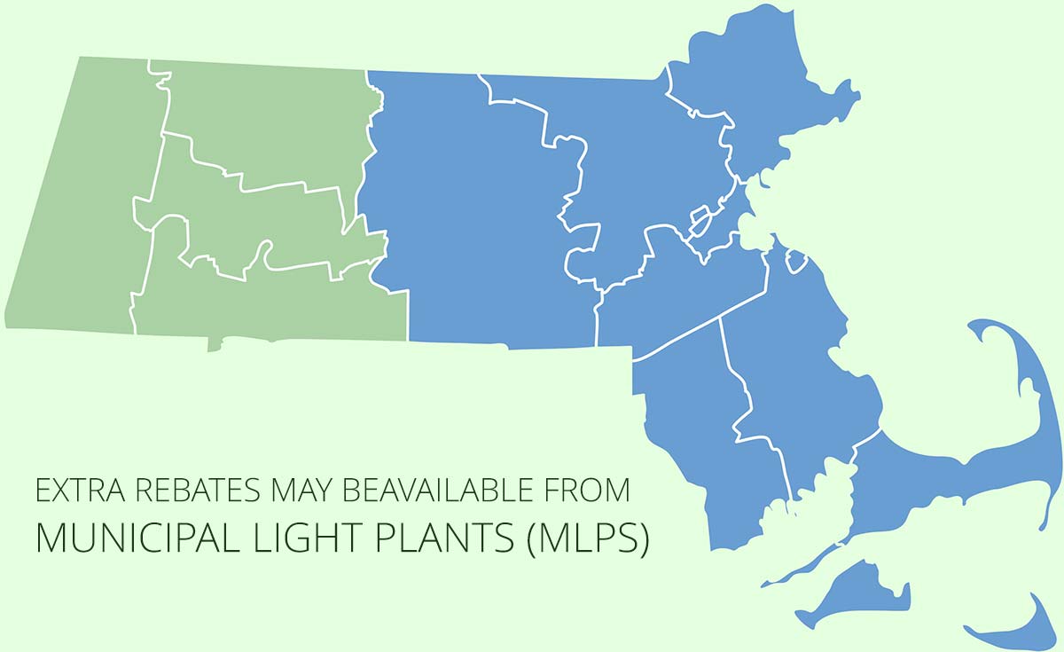 Map of Massachusetts with Western Mass highlighted, showing where extra rebates apply after the federal tax credit ends