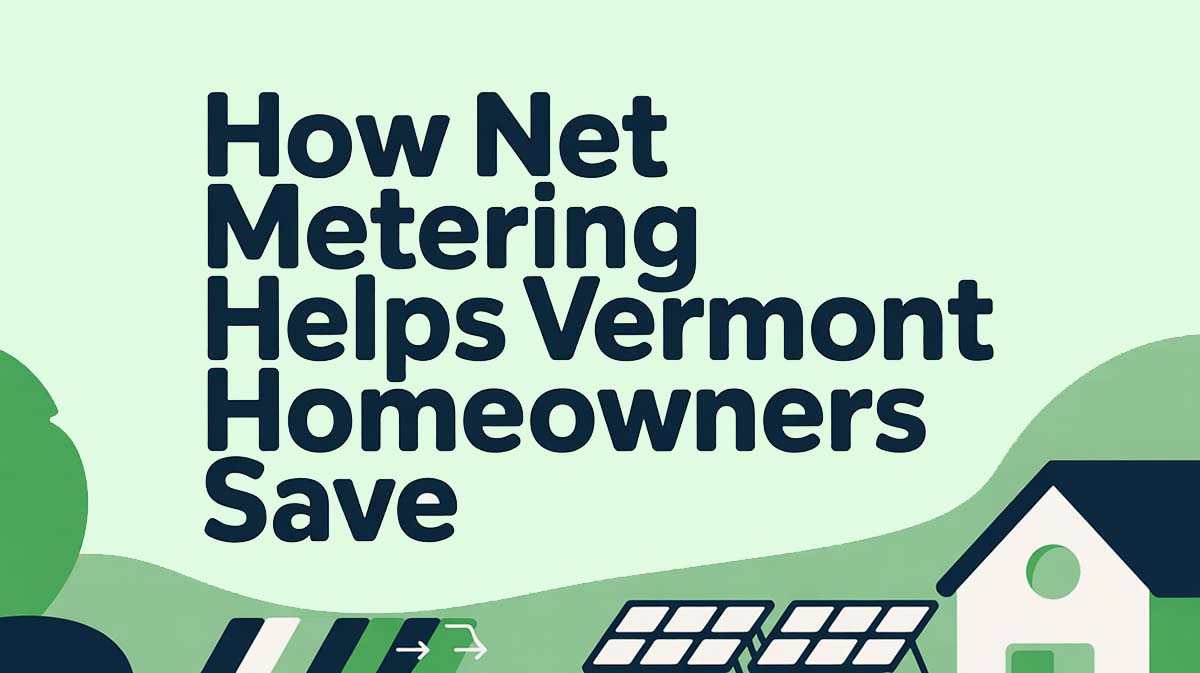 Illustrated graphic showing solar panels and a home with the text “How Net Metering Helps Vermont Homeowners Save,” representing solar energy savings through Vermont’s net metering program.