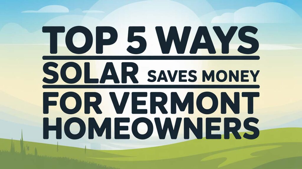 Illustrated graphic with the text “Top 5 Ways Solar Saves Money for Vermont Homeowners,” representing how solar energy reduces costs and increases savings across Vermont.