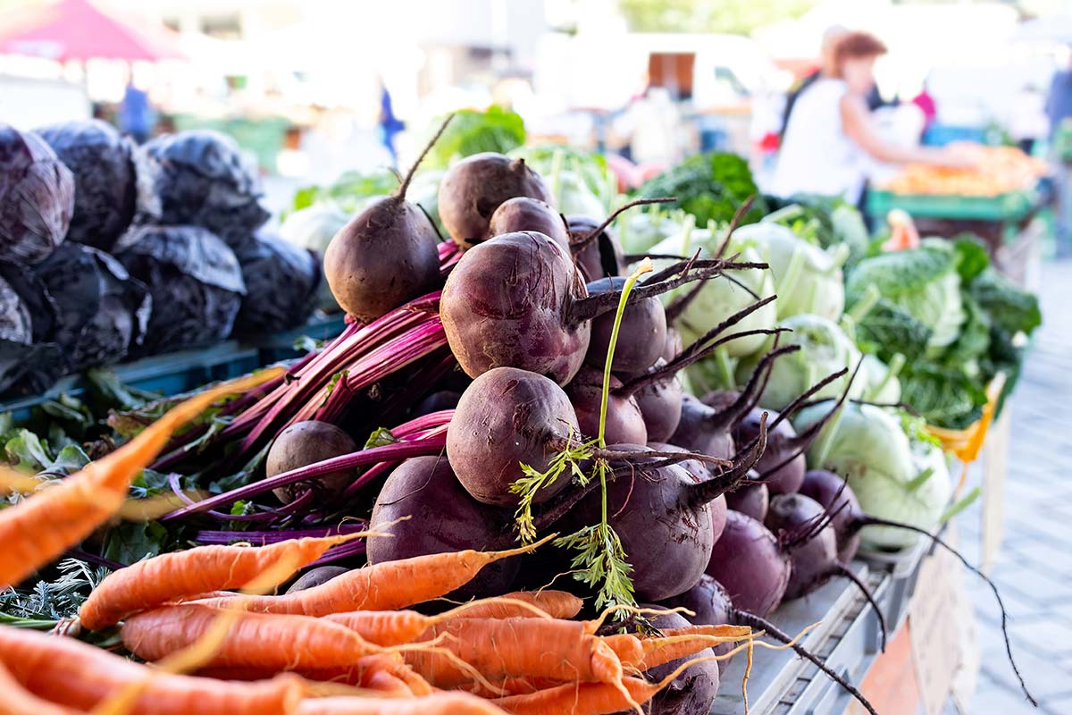 Fresh carrots and beets at a New England farm stand highlighting how agrivoltaics help local farmers reduce costs and protect crops.