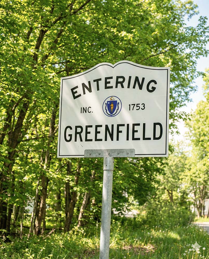 "Entering Greenfield" welcoming visitors to the cuty