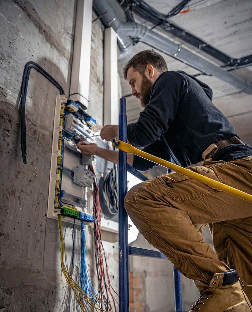 Electrician wiring a main breaker panel during new construction, a service available in Greenfield.