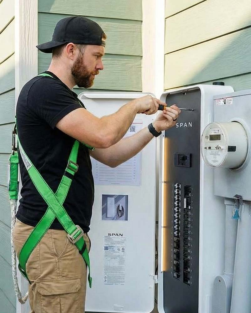Exterior SPAN smart panel next to a utility meter, illustrating typical placement for load-management equipment in solar and storage installations.