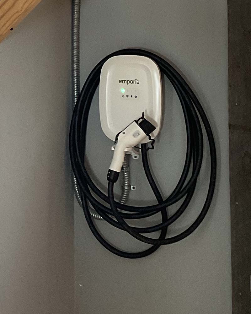 Interior Emporia EV charger, typical of garage installations for homes in Greenfield, Massachusetts.