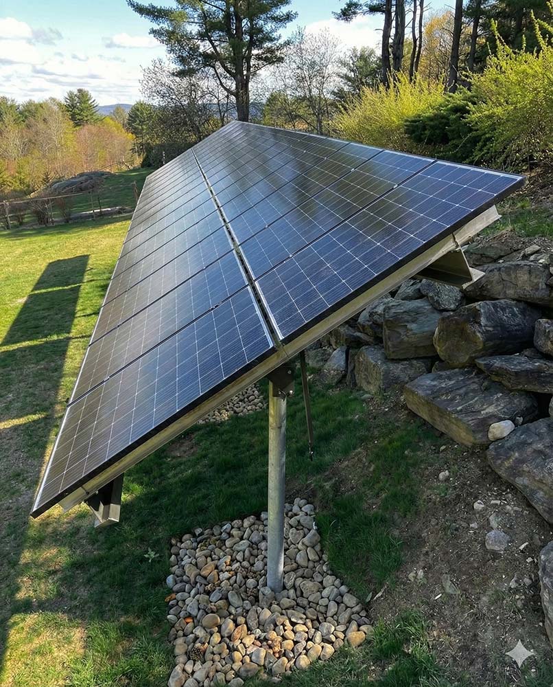 Pole-mounted solar array on a rocky slope, an example of versatile solar installation in Greenfield.