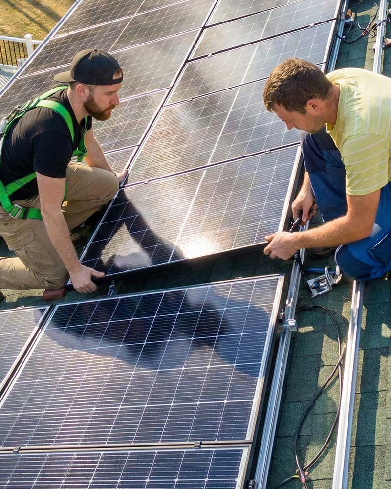 Two installers securing a rooftop solar module, similar to the installation steps used for homes in Greenfield MA
