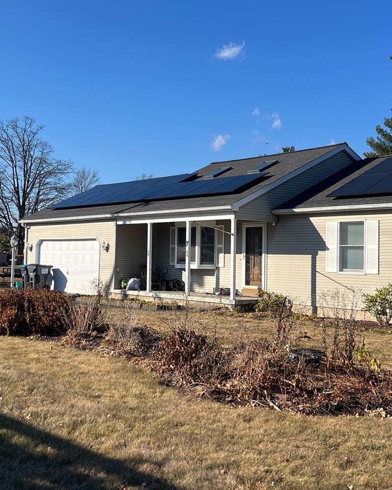 Example of a single-story home solar installation like those Current Energy completes in Greenfield, MA.