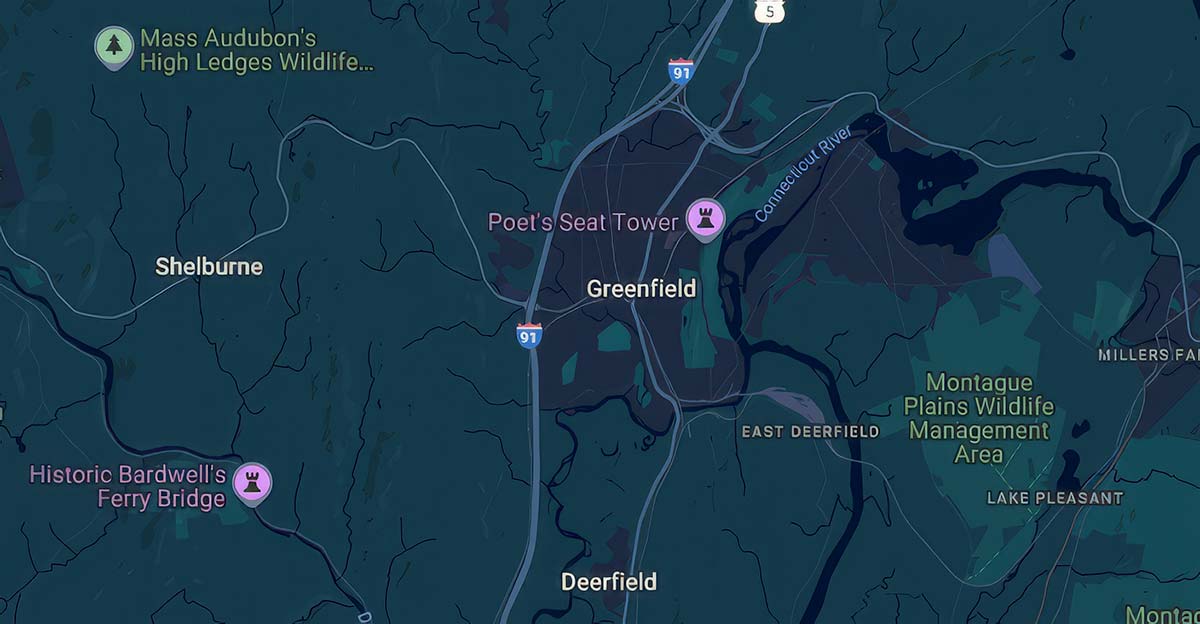 Map showing Greenfield, Deerfield, Shelburne, and nearby landmarks along the Connecticut River in Franklin County MA