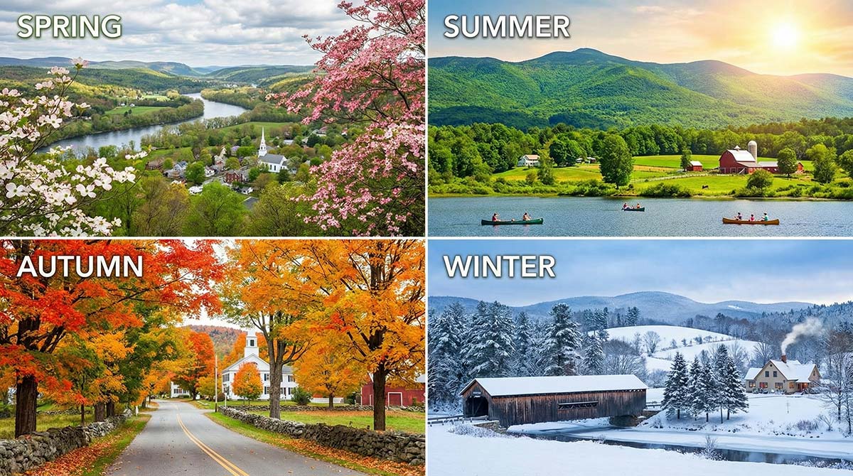 Four-panel New England landscape collage showing spring, summer, autumn, and winter scenes labeled by season