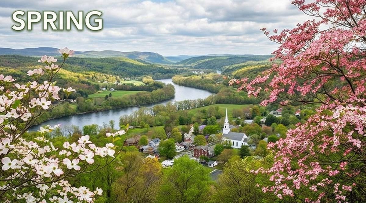 Spring in New England with blooming trees overlooking a river valley and small town