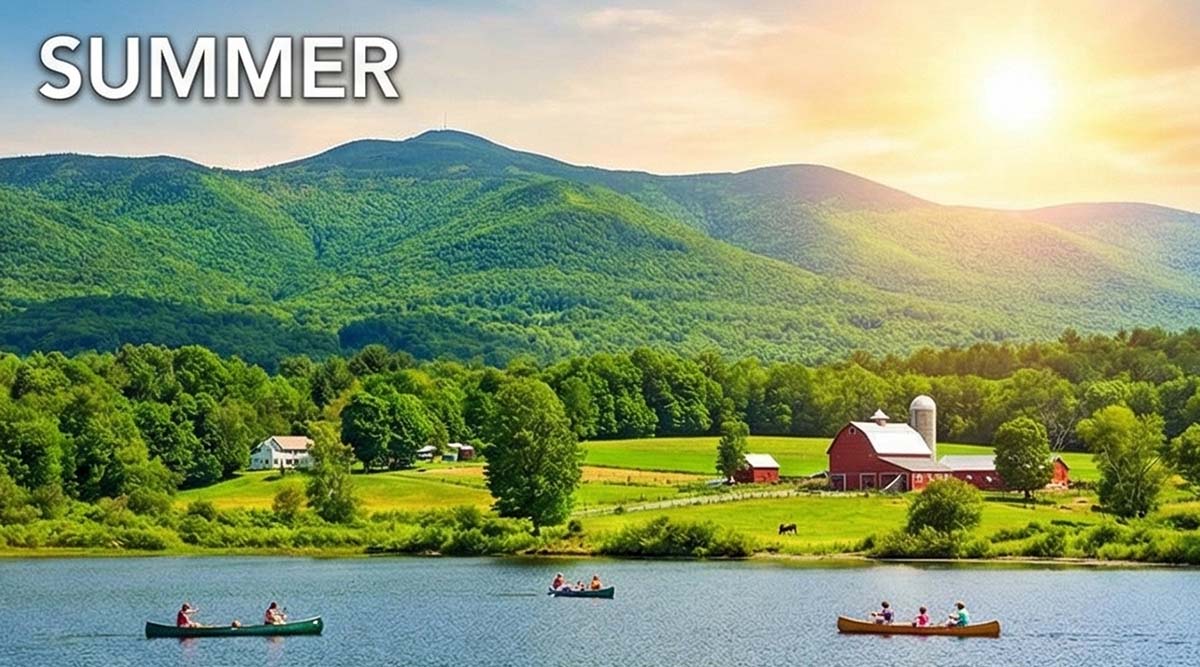 Summer in New England with green mountains, a farm by the water, and people canoeing