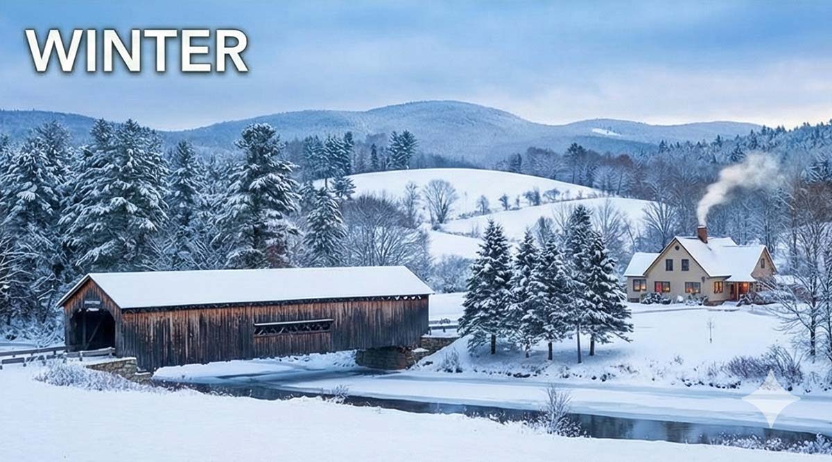 Winter in New England with snowy hills, a covered bridge, and a farmhouse near a frozen river
