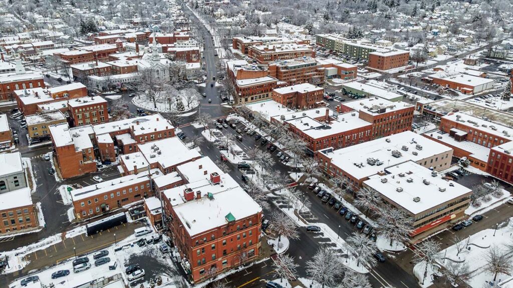 Downtown Keene, NH commercial buildings in winter, potential sites for commercial solar with battery backup