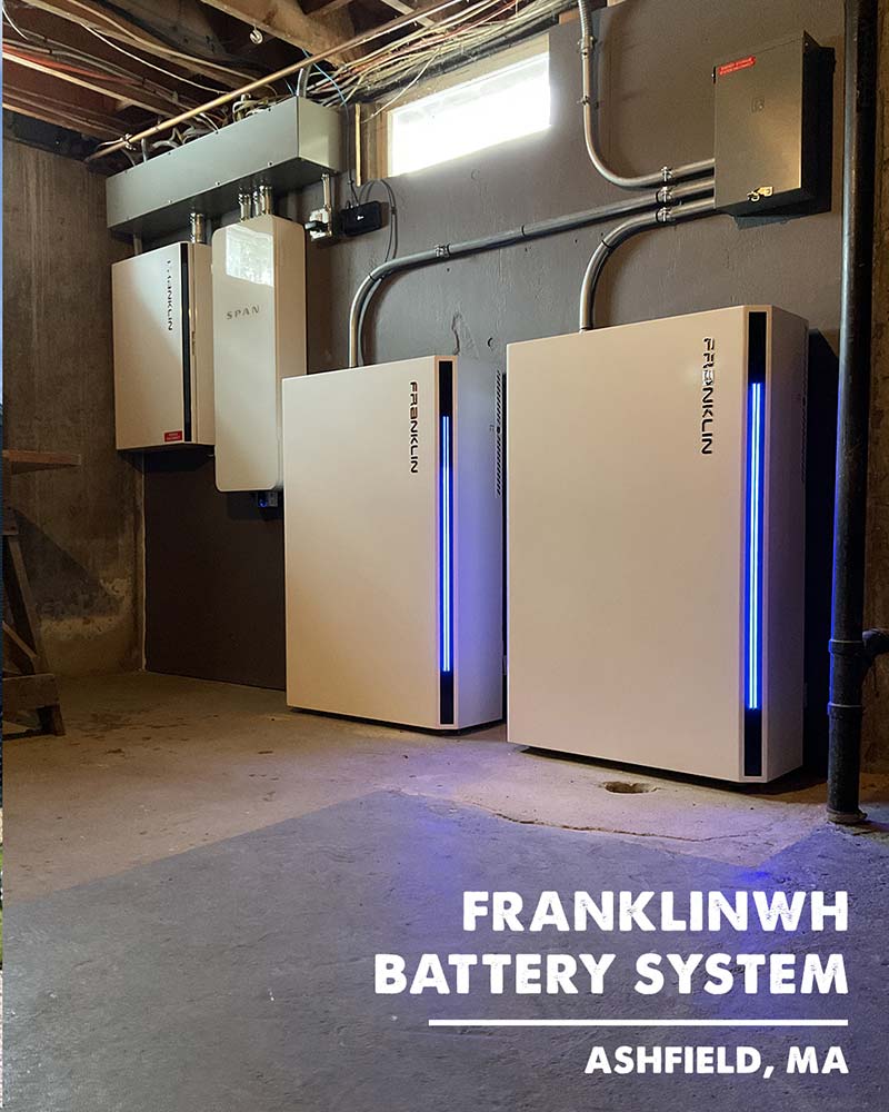 Whole-home battery storage system installed in a residential basement in Ashfield, Massachusetts