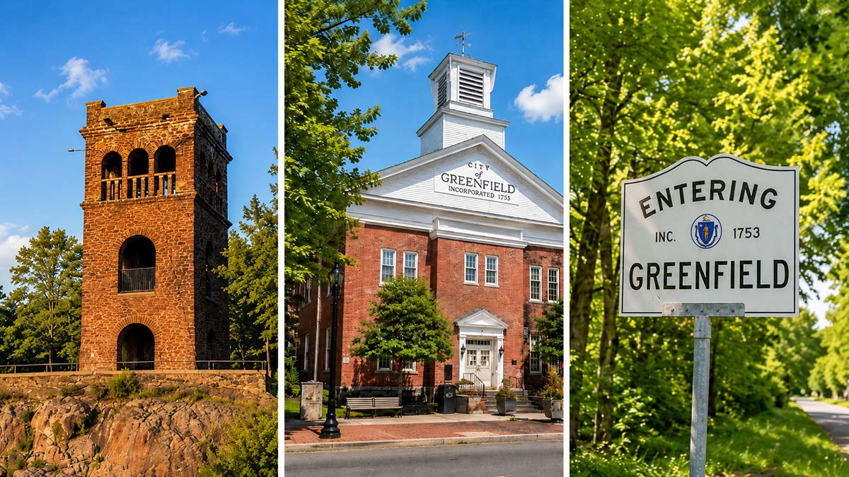 Three-panel image of Greenfield landmarks, including Poet’s Seat Tower, Greenfield City Hall, and an entering Greenfield town sign.