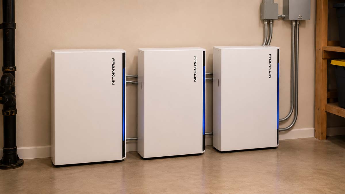Franklin battery backup system installed in a finished basement utility area for home energy storage.