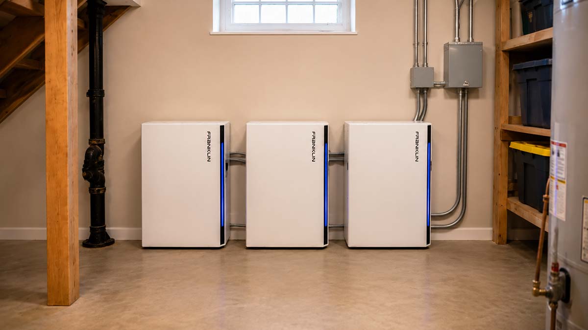 anklin home battery backup system installed in a clean basement utility room with electrical conduit and storage shelving.