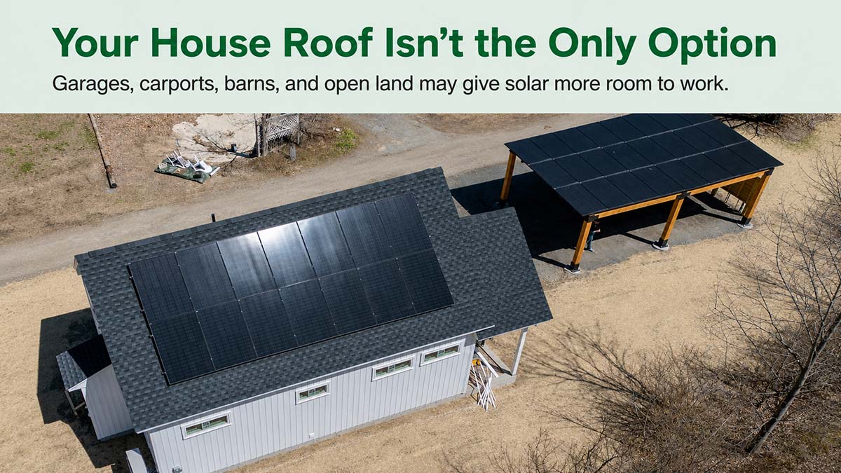 Solar panels on a home roof and solar carport showing how garages, carports, barns, and open land can create more solar installation options.