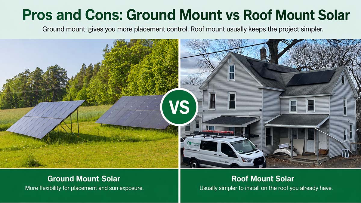 Pros and cons graphic comparing ground mount versus roof mount solar, with ground-mounted panels in a field and roof-mounted panels on a Western Massachusetts home.