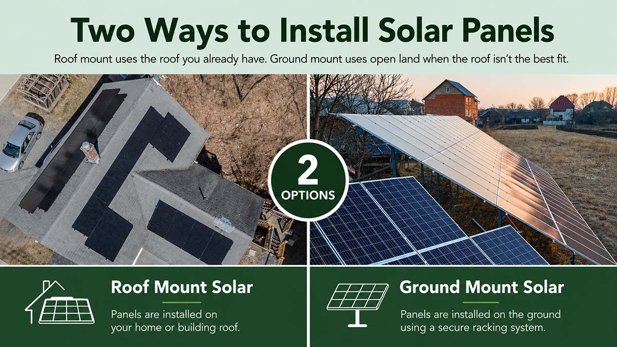 Two ways to install solar panels, showing roof mount solar on a home and ground mount solar on open land.