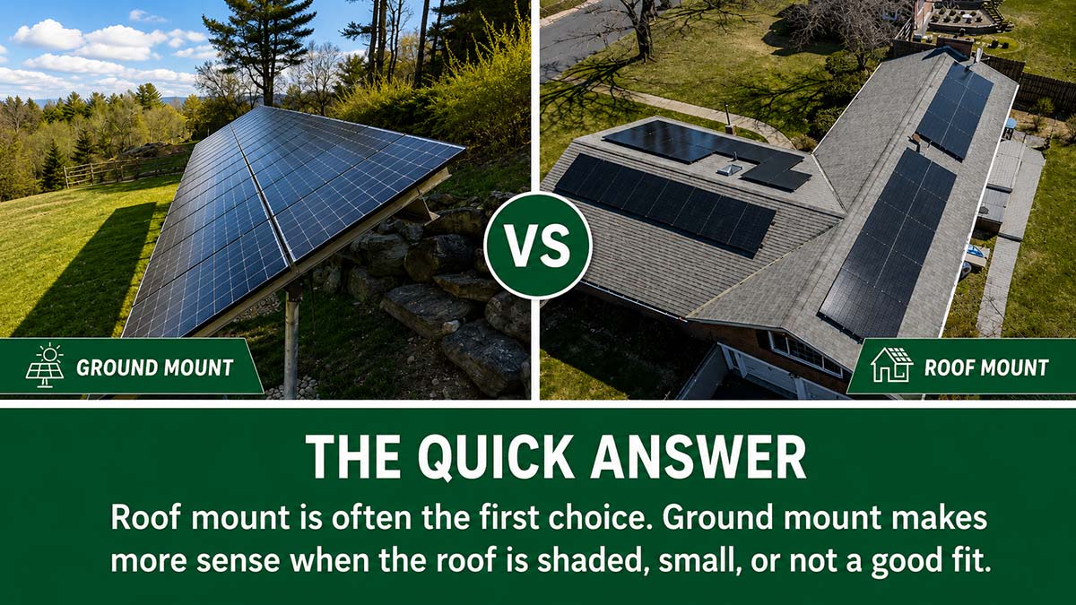 Quick answer graphic for ground mount versus roof mount solar, comparing a ground-mounted solar array with rooftop solar panels on a home.