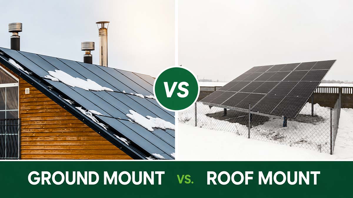Ground mount versus roof mount solar comparison showing snow-covered rooftop panels and a ground-mounted solar array in winter conditions.