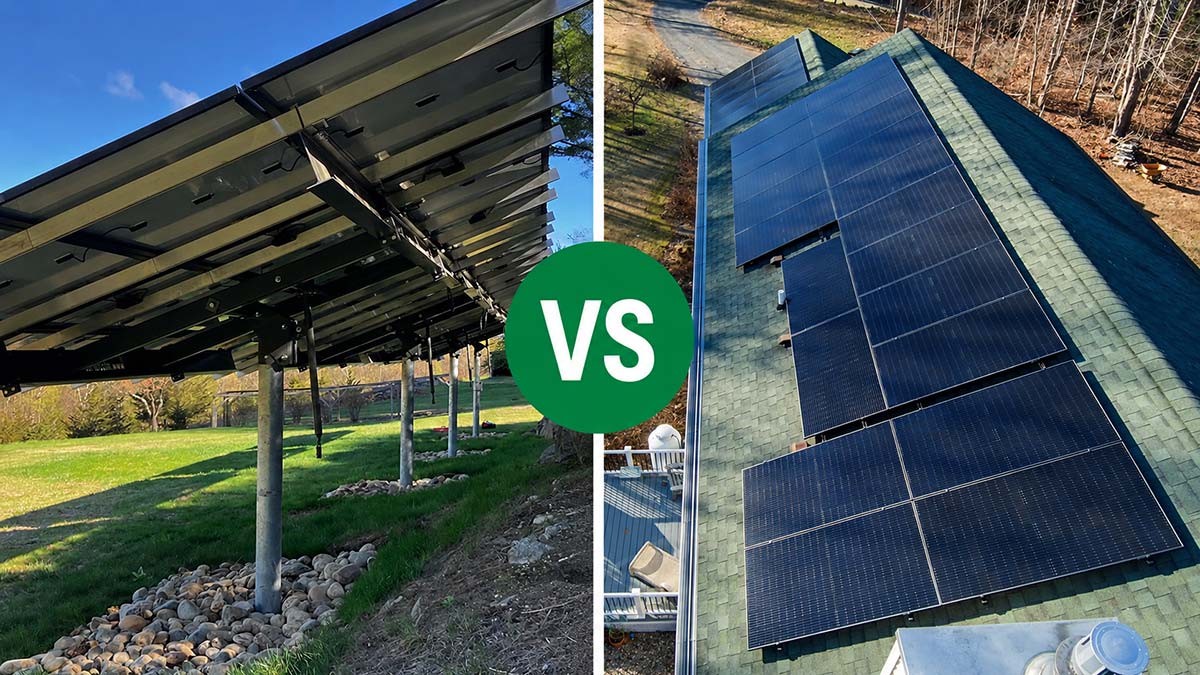 Current Energy comparison image showing a ground-mounted solar system beside a roof-mounted solar panel installation.