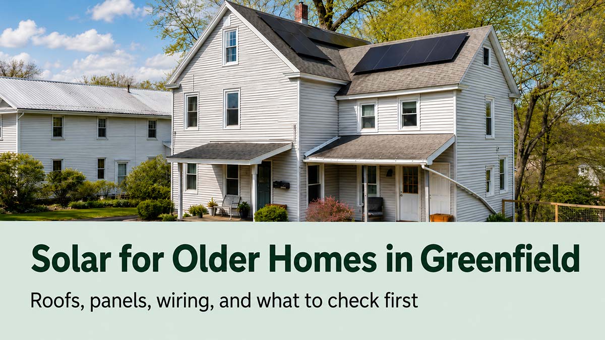 Older home in Greenfield with rooftop solar panels, illustrating what to check before installing solar on an older house.