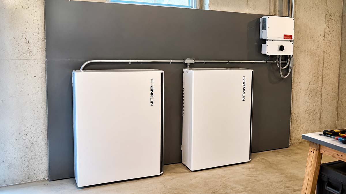 Franklin battery backup system for solar energy storage installed in a home utility space.