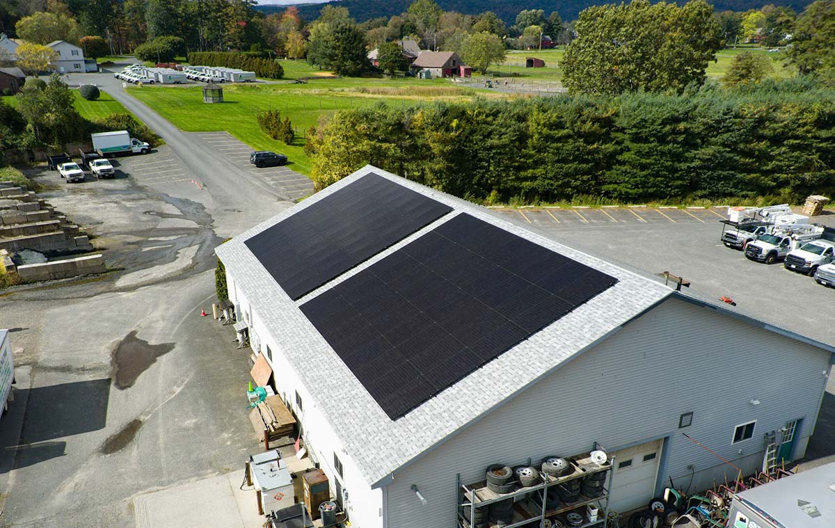 Bernardston commercial solar installation on large rooftop system with full array on industrial building