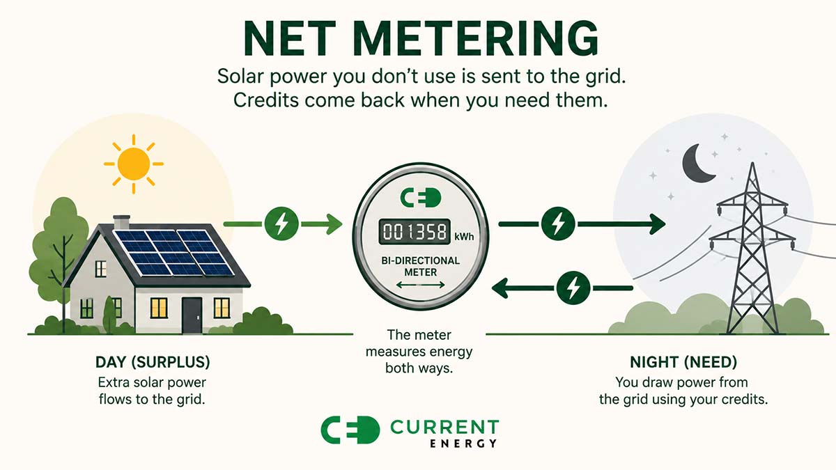 Diagram showing how net metering works, with a Western Massachusetts home sending solar power to the grid and drawing credits back.